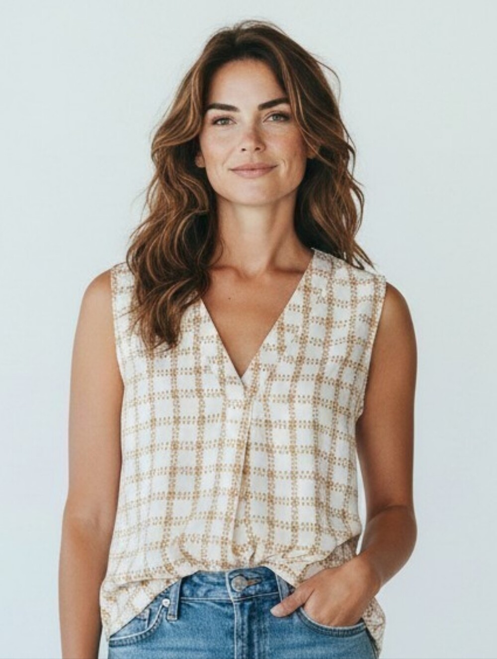 Ann Taylor Camel And White Sleeveless Blouse